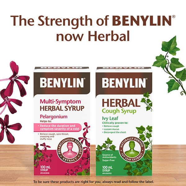 Les produits à base de plantes BENYLIN®, y compris le sirop à base de plantes BENYLIN® Symptômes multiples Pélargonium et le sirop antitussif à base de plantes BENYLIN® Feuille de lierre