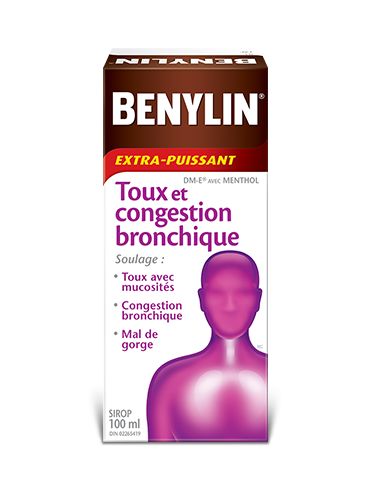 Sirop BENYLIN® Extra-puissant Toux et congestion bronchique, 100 ml. Soulage : Toux avec mucosités, congestion bronchique et mal de gorge.