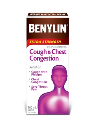 Benylin Extra Strength Cough & Chest Congestion syrup, 100mL. For relief of: cough with phlegm, chest congestion and sore throat pain.