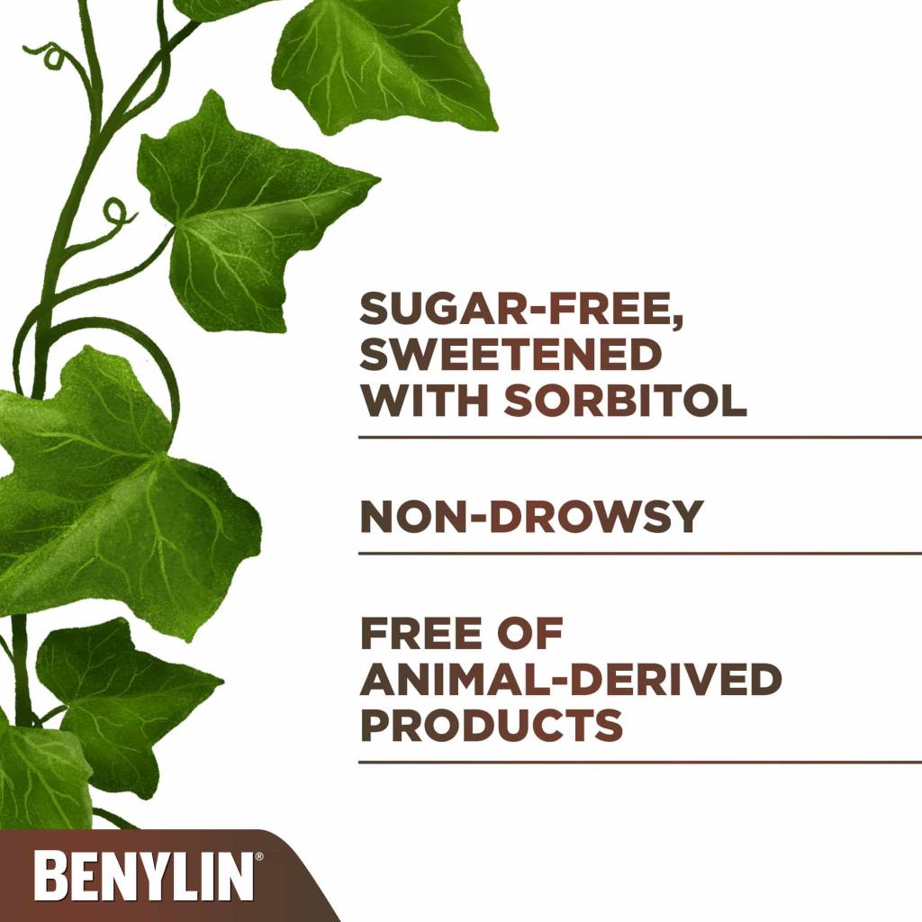Feuilles de lierre à côté de la revendication « Sans sucre, édulcoré au sorbitol; sans somnolence; et sans produits d’origine animale »