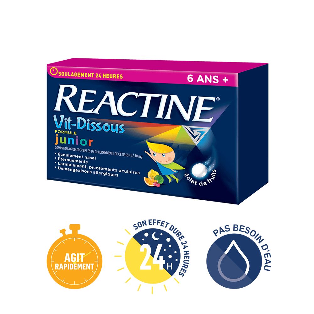 Nouveau Reactine Dissolution Rapide se dissout en quelques secondes et son effet dure 24 heures