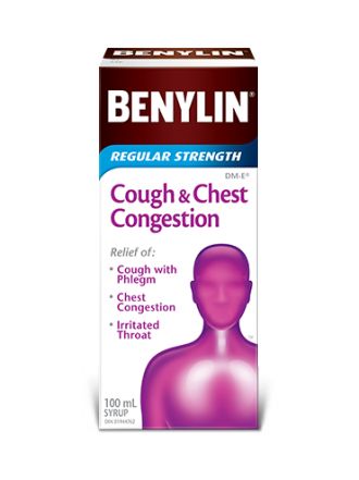 Benylin Regular Strength Cough & Chest Congestion syrup, 100mL. For relief of: cough with phlegm, chest congestion and irritated throat.