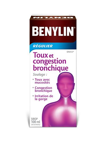 Sirop BENYLIN® Régulier Toux et congestion bronchique, 100 ml. Soulage : Toux avec mucosités, congestion bronchique et irritation de la gorge.