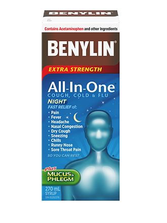 BENYLIN® All‑In‑One® COLD AND FLU NIGHT Syrup, 270mL. For relief of: pain, fever, headache, mucus & phlegm, nasal congestion, dry cough, sneezing, chills runny nose, sore throat pain so you can rest