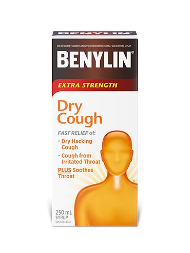 Benylin Regular Strength Dry Cough syrup, 100mL. For relief of: dry hacking cough and irritated throat.