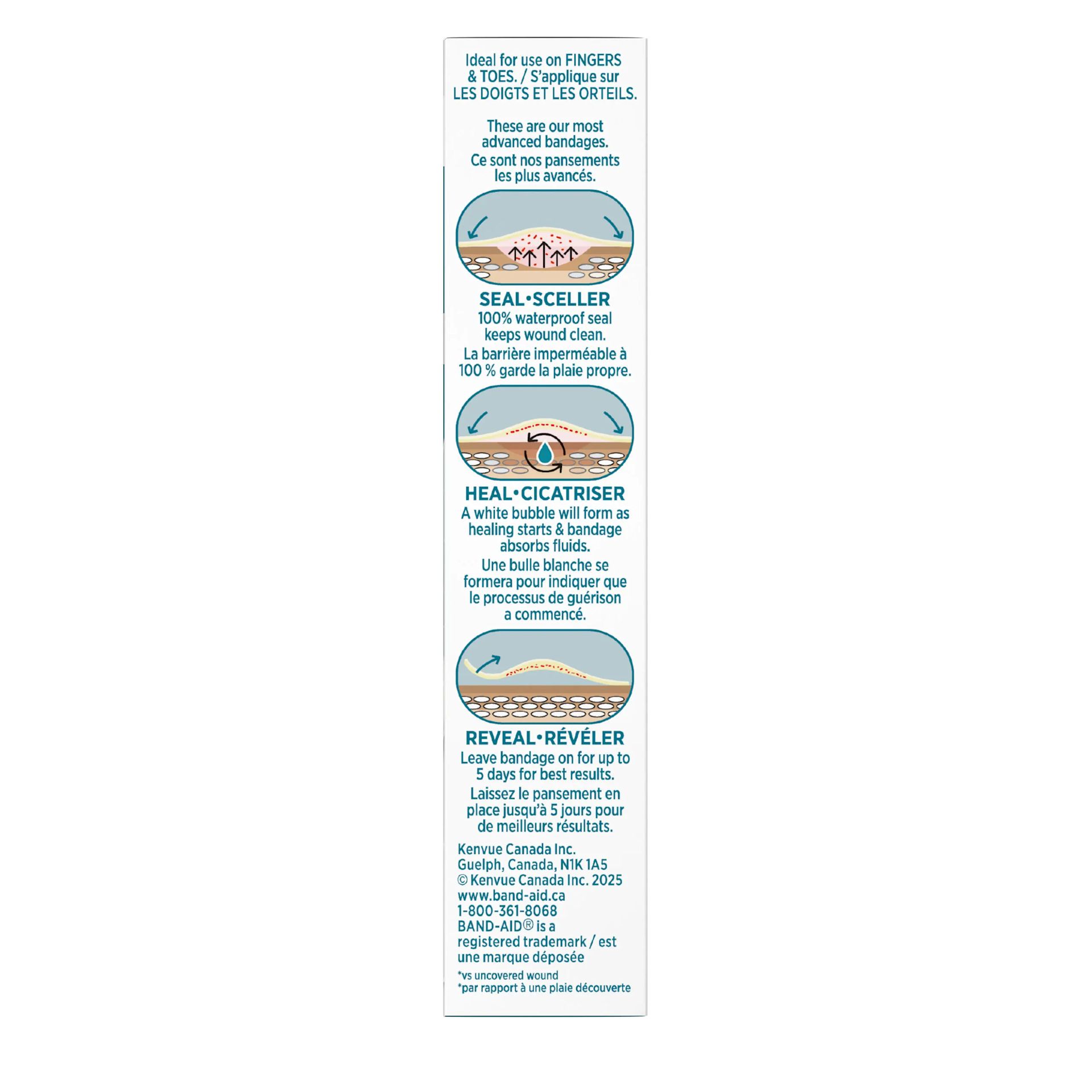 Side shot of BAND-AID® Hydro Seal Ultra-Thin for Fingers & Toes showing seal, heal, and repair steps