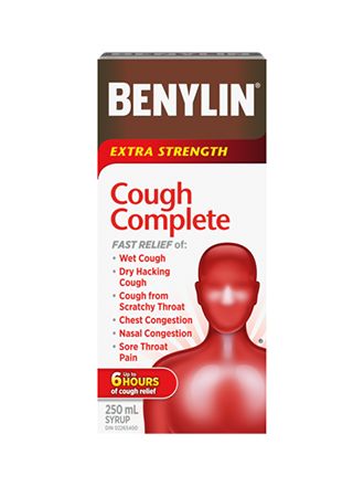 Benylin Extra Strength Cough Plus Cold Relief syrup, 250mL. For relief of: cough, chest congestion, nasal congestion and sore throat pain.