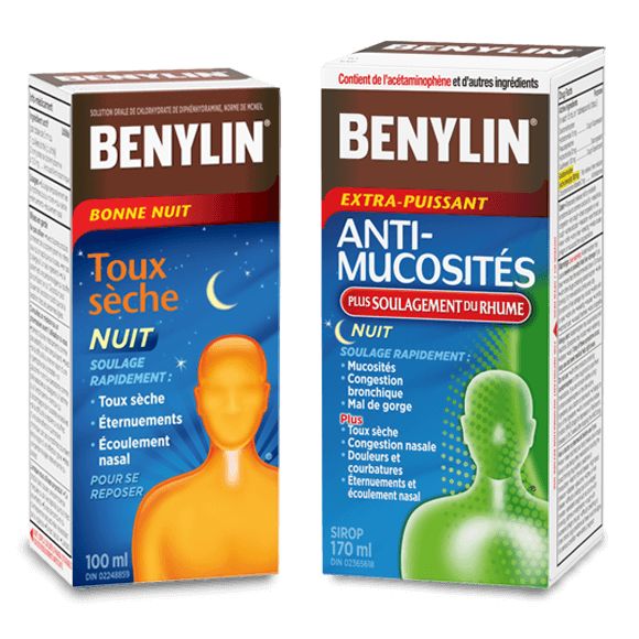 Sirop BENYLIN® Bonne nuit pour la toux sèche et sirop BENYLIN® ANTI-MUCOSITÉS PLUS SOULAGEMENT DU RHUME NUIT
