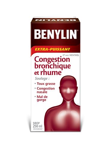 Sirop BENYLIN® Extra-puissant Congestion bronchique et rhume, 250 ml. Soulage : Toux grasse, congestion nasale et mal de gorge.