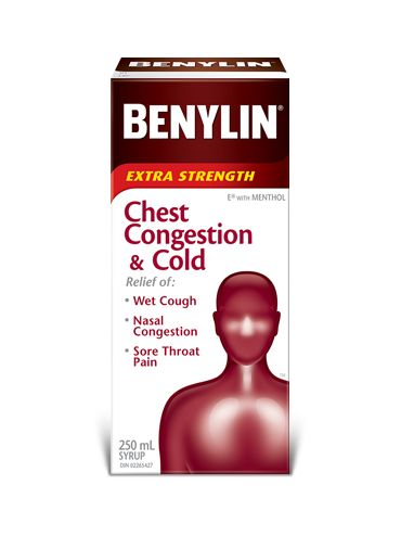 Benylin Extra Strength Chest Congestion & Cold syrup, 250mL. For relief of: wet cough, nasal congestion and sore throat pain.