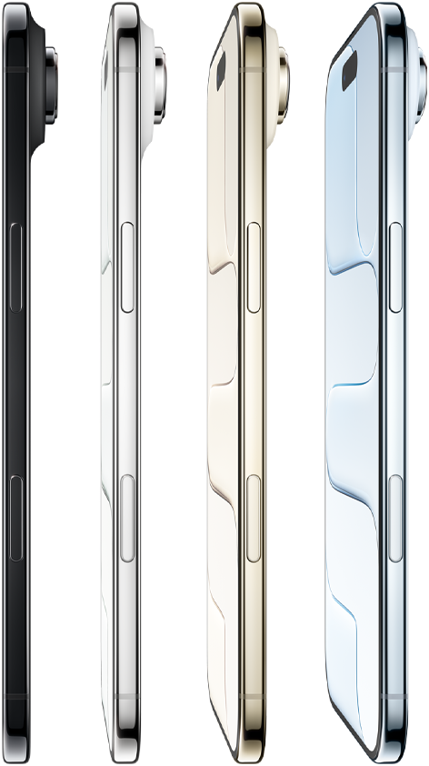 Un pulgar y un dedo índice sostienen un iPhone Air, parte lateral, azul cielo, perfil muy delgado, sistema de cámara Fusion, botones: lateral, Control de la Cámara