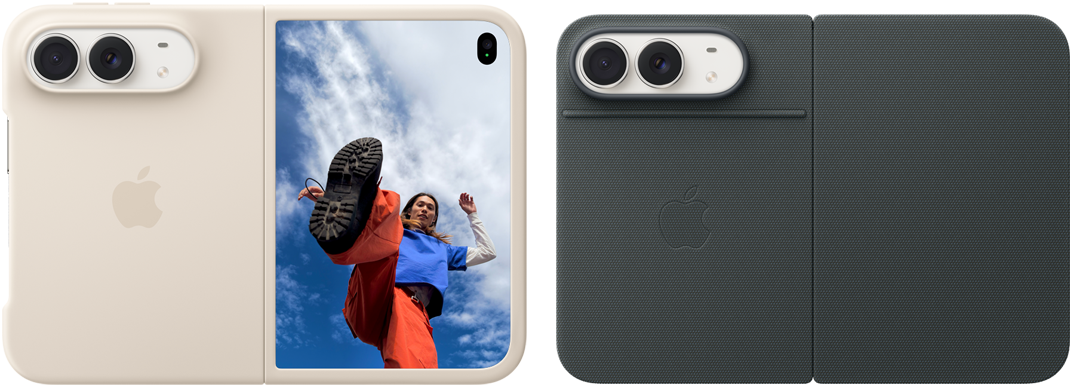 iPhone Duo, color blanco estrella con funda de silicón color arena, posición horizontal, completamente abierto, dos cámaras Fusion en la esquina superior izquierda, la funda cubre la parte posterior y la pantalla exterior, a la derecha se muestra el retrato de una persona en la pantalla exterior. iPhone Duo, color blanco estrella con la funda Folio color azul marino, completamente abierto, posición horizontal, parte posterior con las dos cámaras Fusion de 48 MP, dos lentes