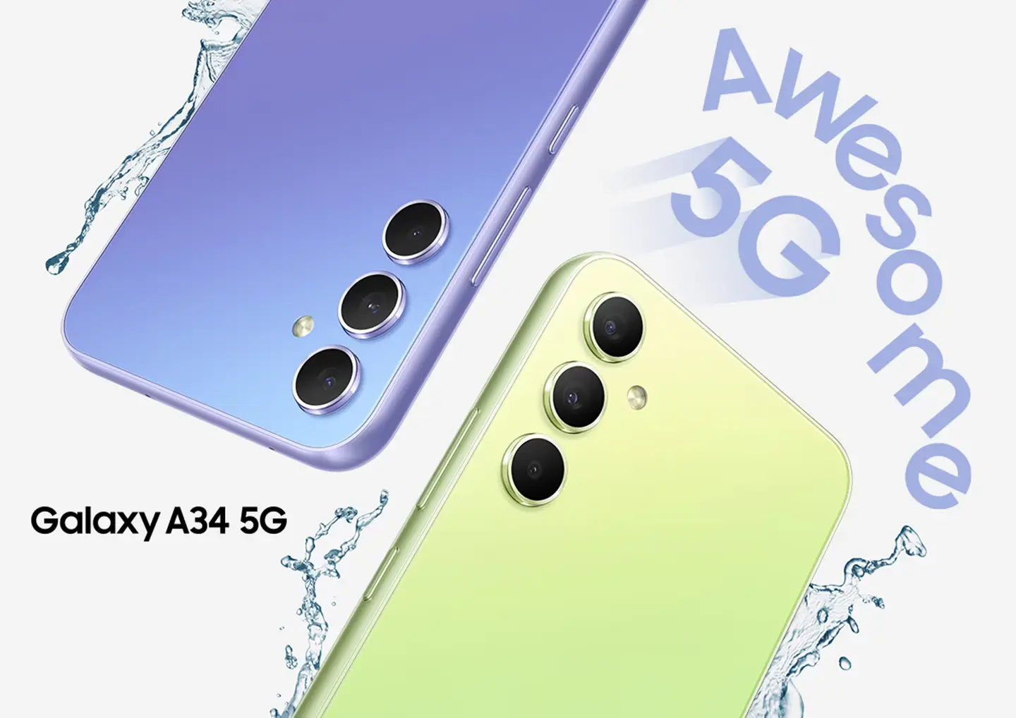 Dos Galaxy A34 5G muestran la mitad superior de la parte trasera, uno en Awesome Violet y el otro en Awesome Lime. Gotas de agua salpican alrededor de los dispositivos. Increible 5G.