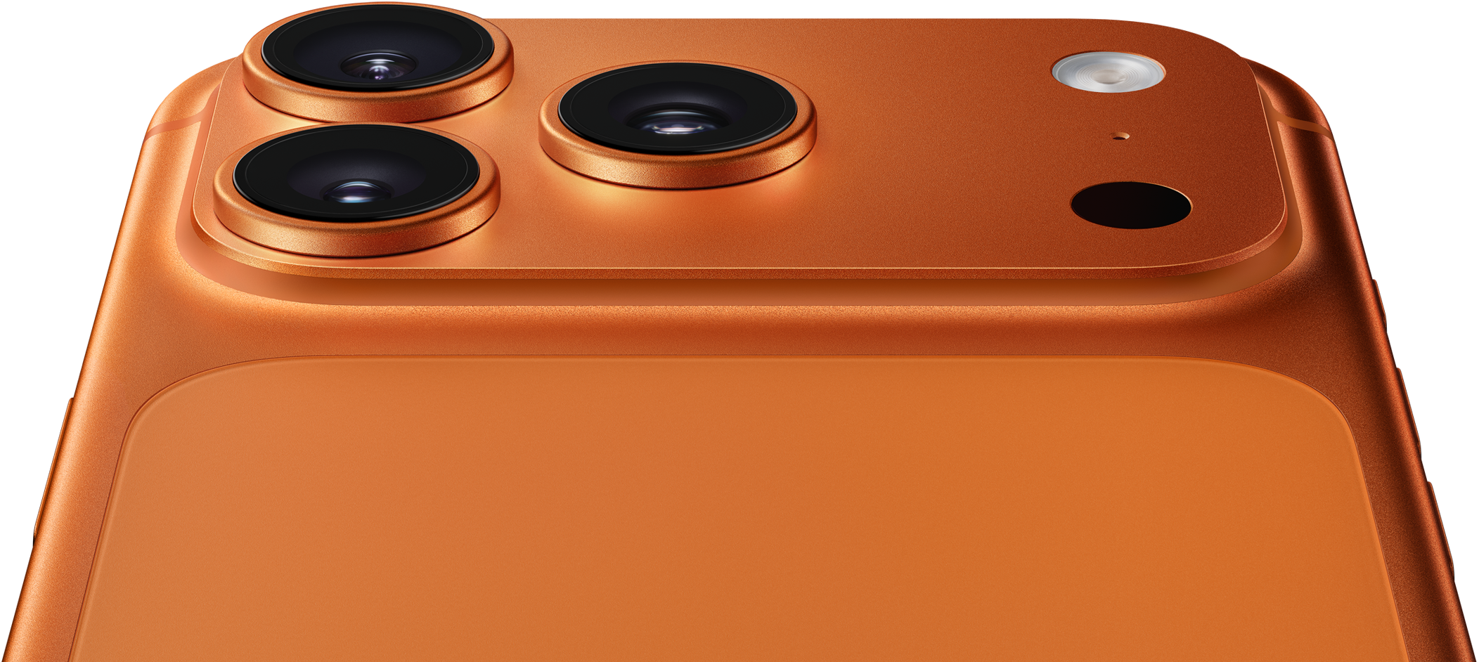 iPhone 17 Pro, naranja cósmico, vista parcial de la parte posterior, sistema de cámaras Pro en la esquina superior izquierda, 3 lentes, micrófono, flash