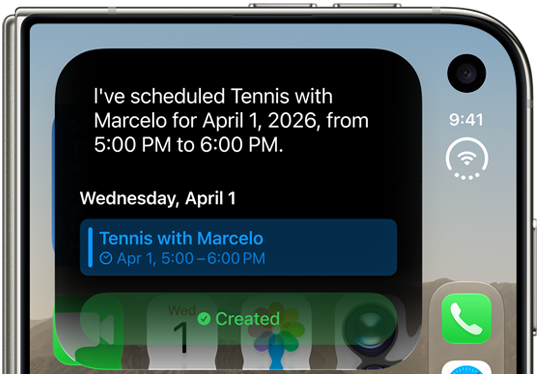 iPhone Duo, plegado, notificación de Siri AI que muestra una actualización del calendario en la pantalla exterior