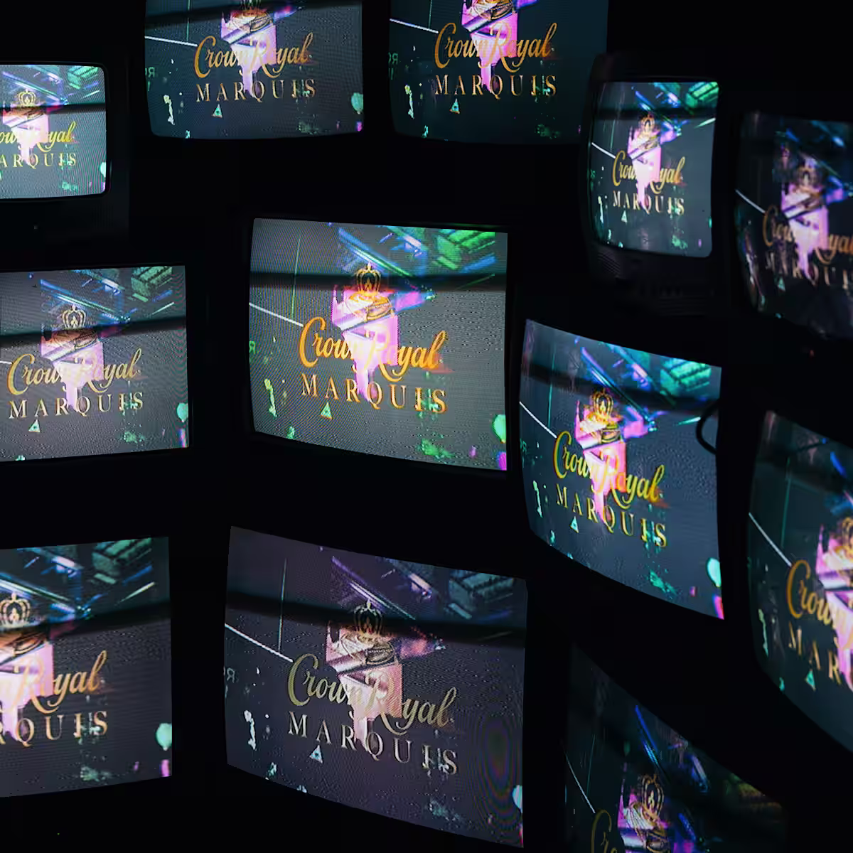 Crown Royal Marquis Debut multiple tv's with Crown Royal Marquis logo