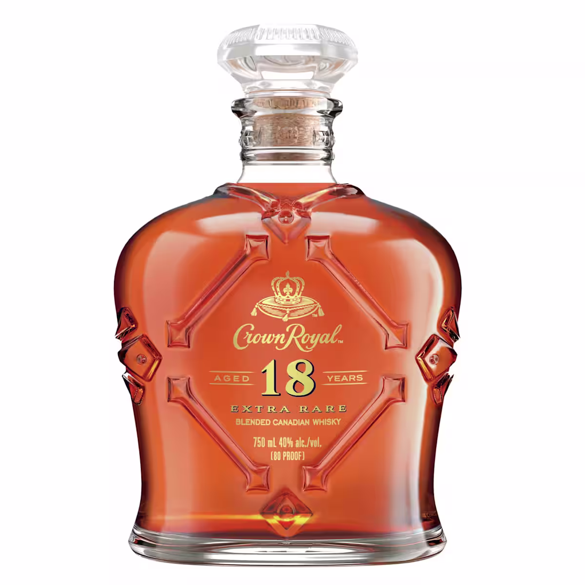 a close up of a bottle of crown royal 18 year old whisky