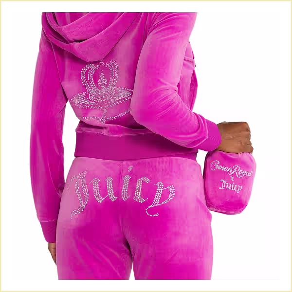 Crown Royal and Juicy Couture collaboration on the limited-edition velour tracksuit and collectable bag in blackberry pink.