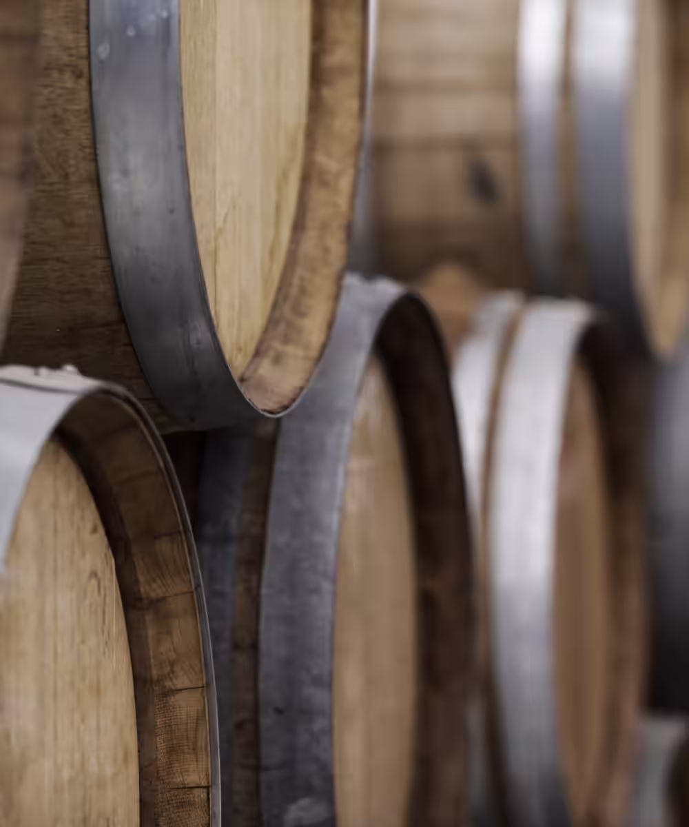 Close up shot of stacked whisky barrels