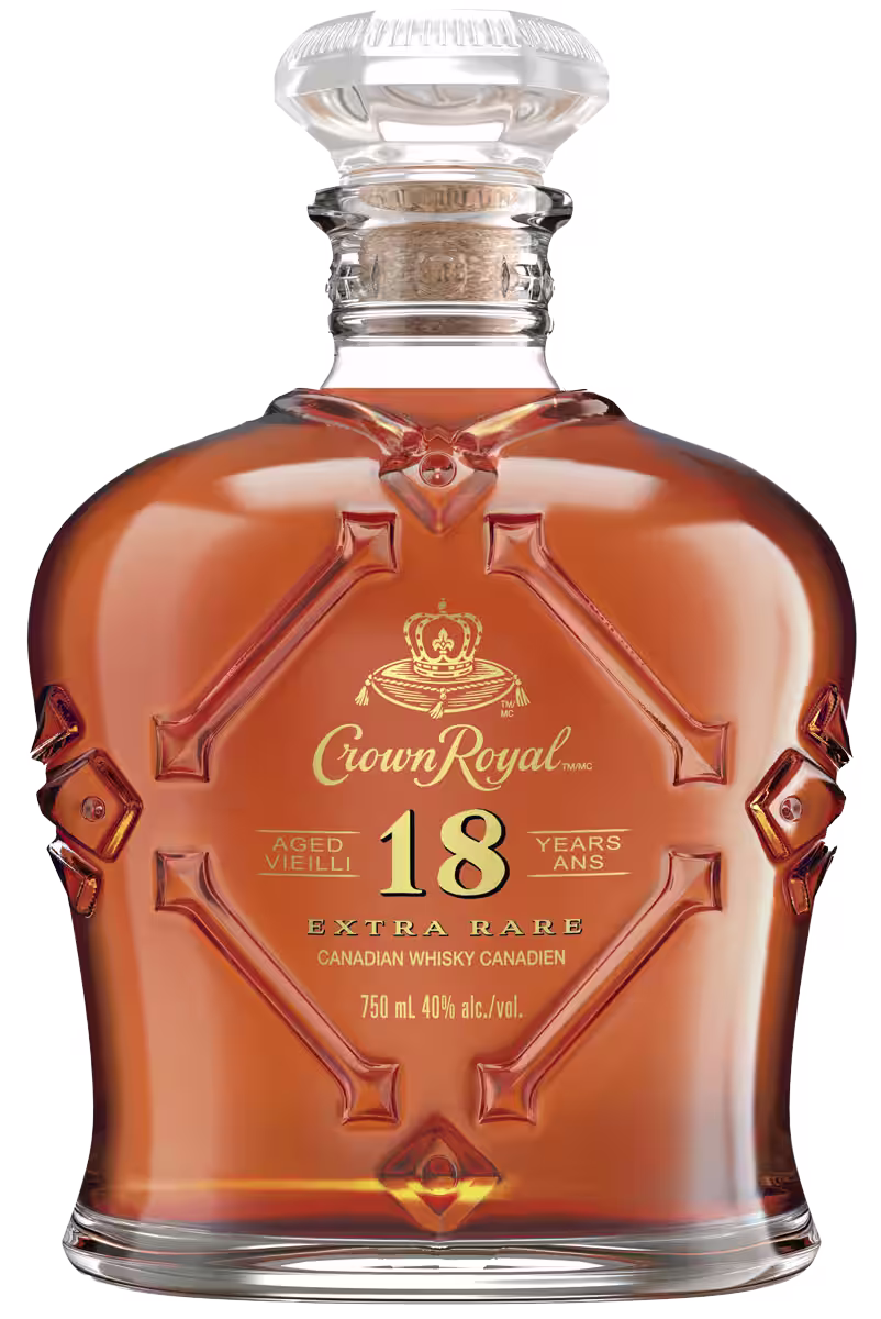 a close up of a bottle of crown royal 18 year old whisky