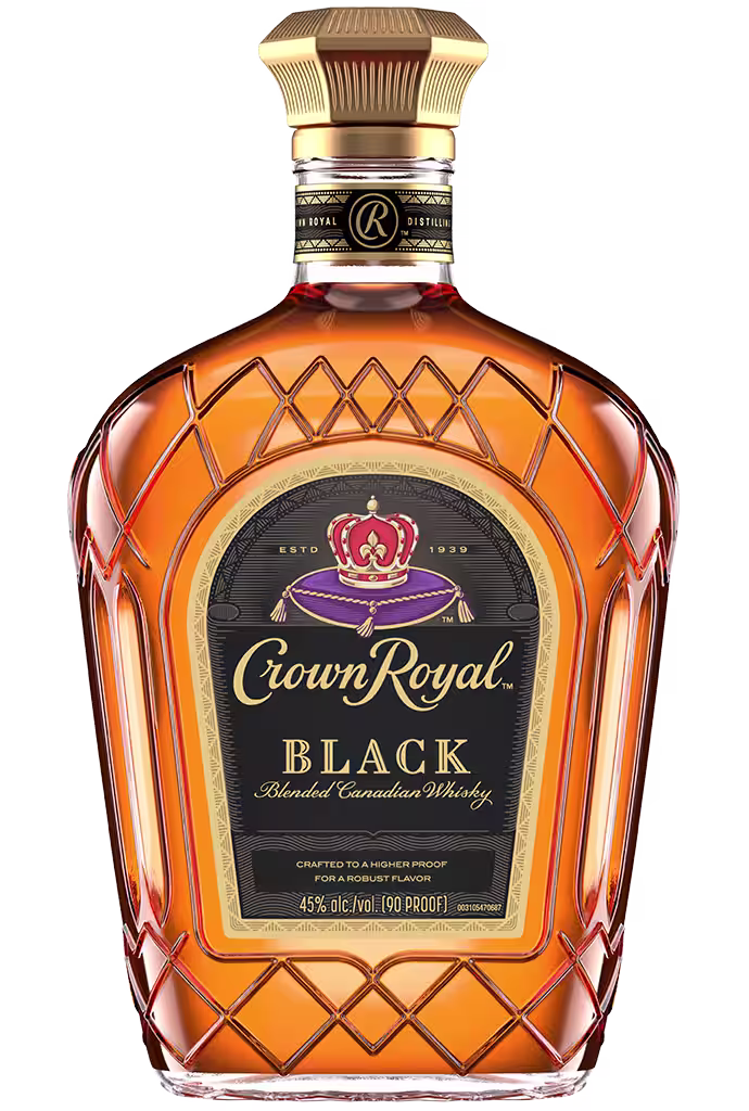 a close up of a bottle of crown royal black