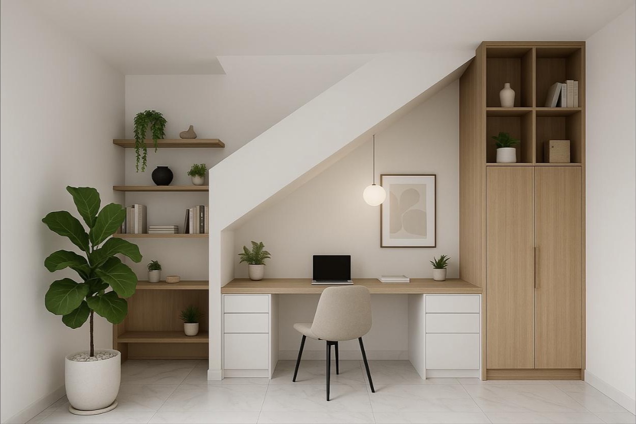 A home office built into a stairwell