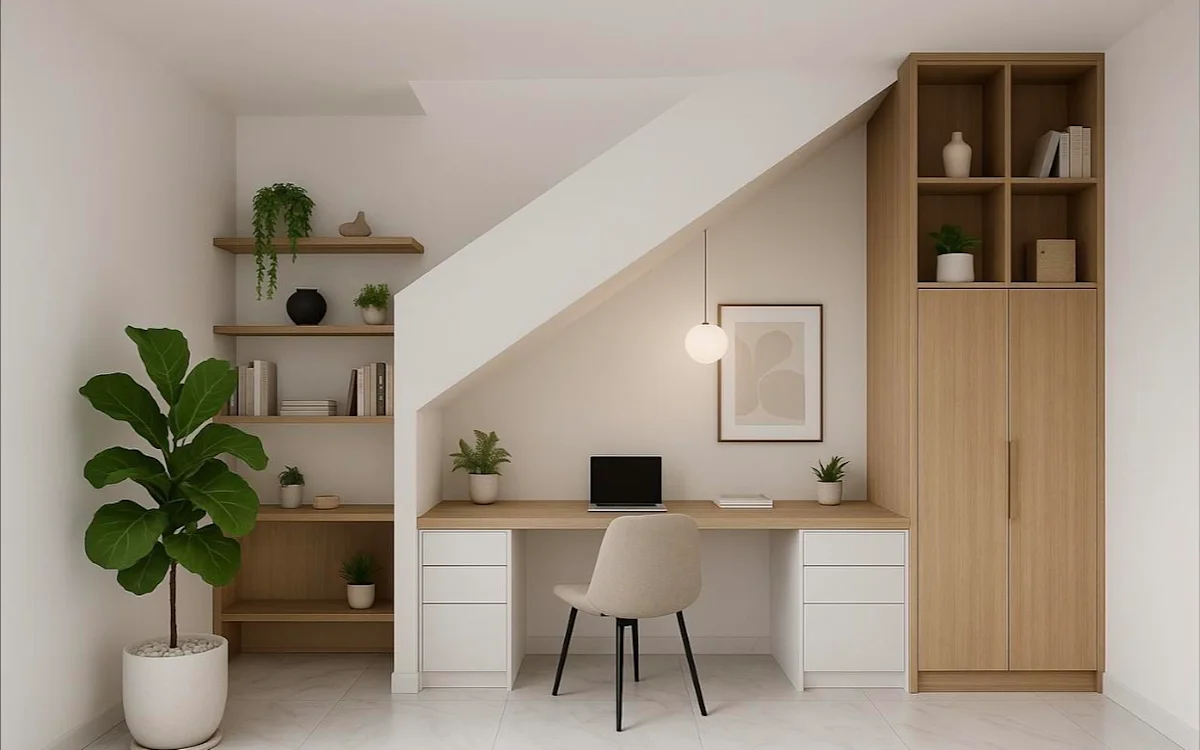 A home office built into a stairwell