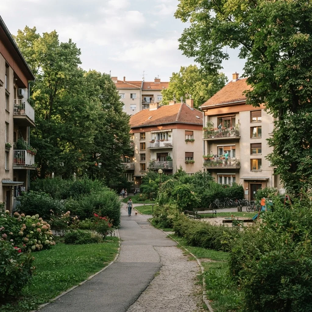 Niže stambene zgrade okružene zelenilom