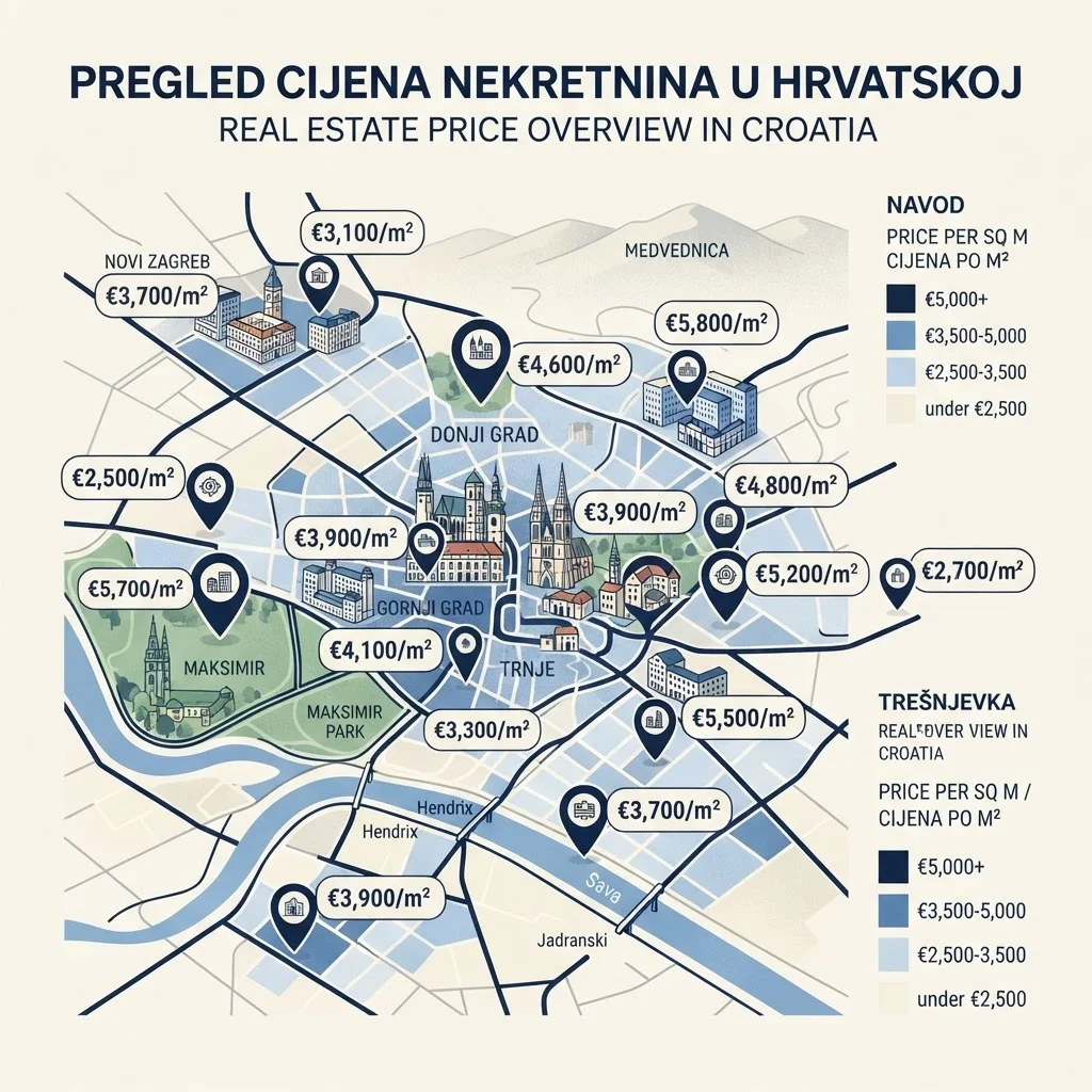 Karta grada s označenim nekretninama i različitim cijenama po metru