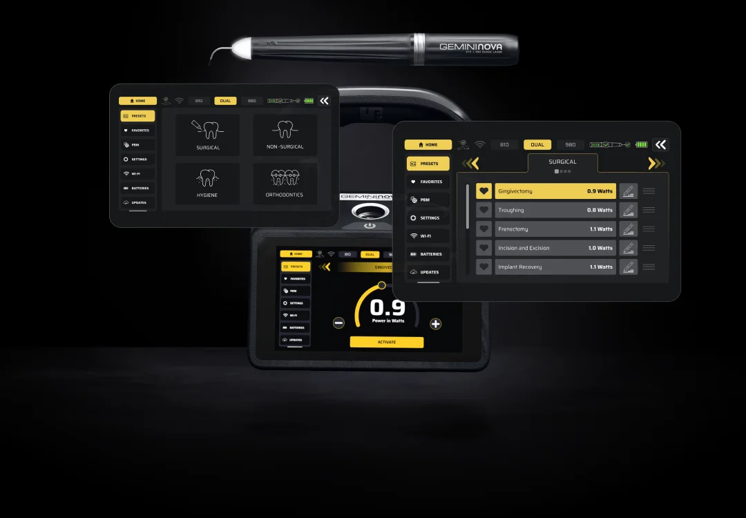 Gemini Nova laser interface showing built-in presets and procedure settings