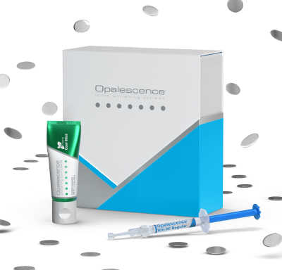 Birthday confetti falling on Opalescence™ teeth whitening products. On sale through July 2024, promo code OPALBDAY. 