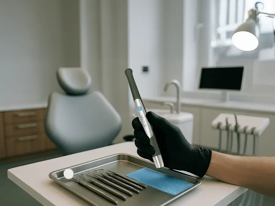 Clinician holding a curing light in an operatory