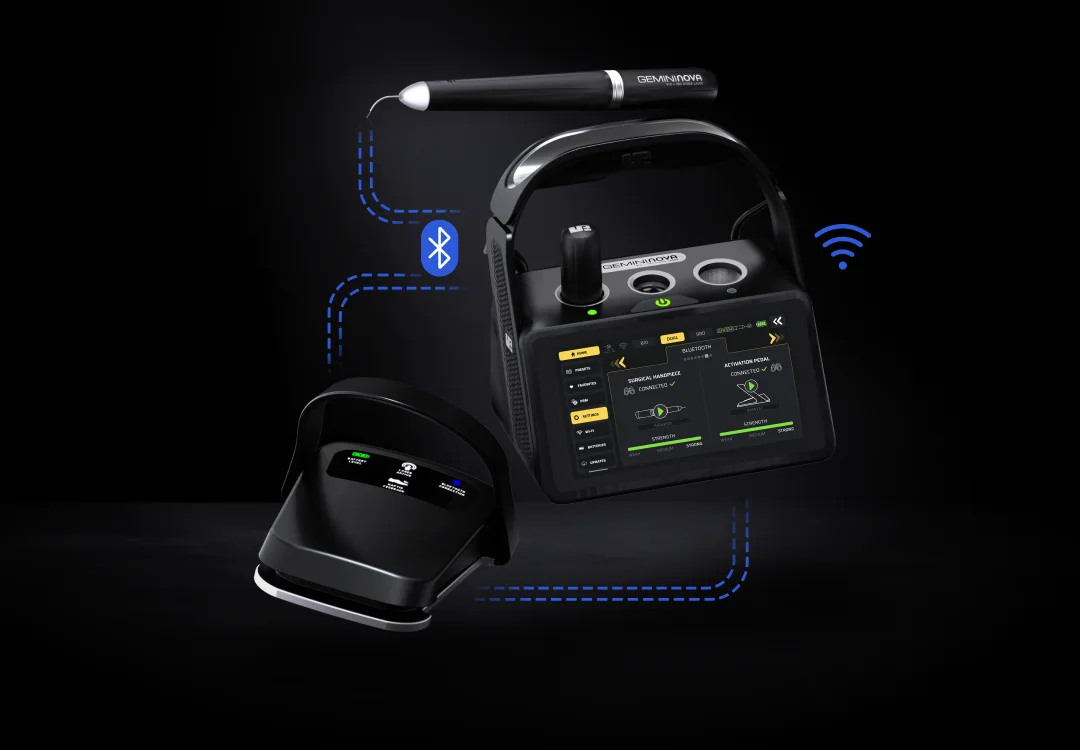 Gemini Nova laser base, wand, and foot pedal shown with wireless connection indicators