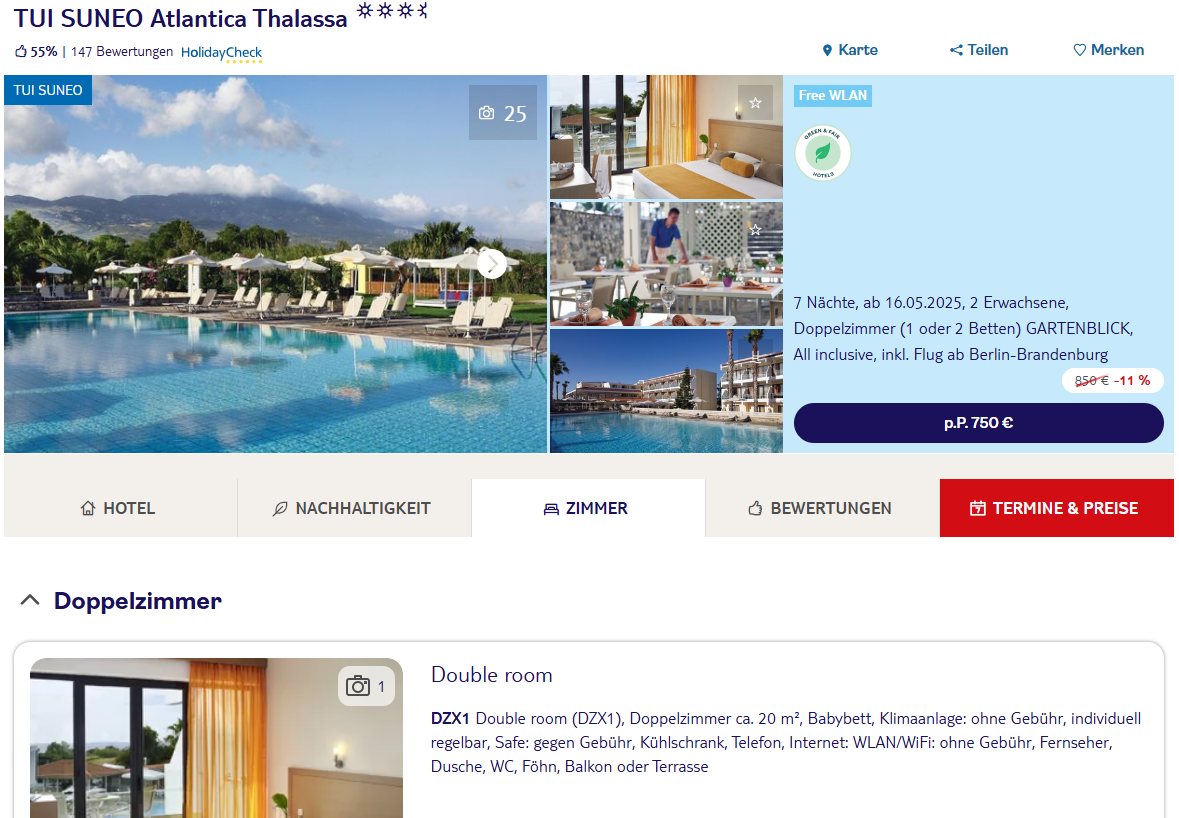 Buchungsseite für das 4-Sterne-Hotel „TUI SUNEO Atlantica Thalassa“. Oben befinden sich die Auswahlmöglichkeiten: Hotel, Nachhaltigkeit, Zimmer, Bewertungen sowie Termine & Preise. Ausgewählt ist 