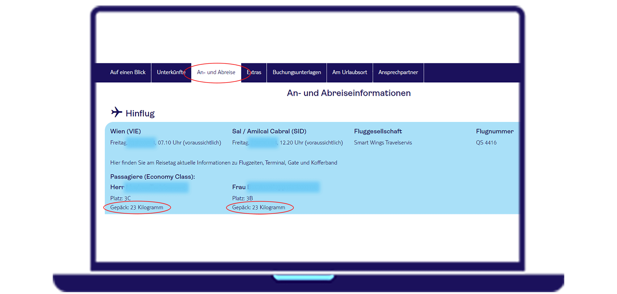 Screenshot vom myTUI Account und Gepäckbestimmungen