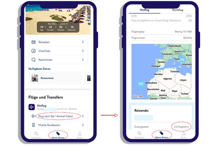 Screenshot von myTUI App und Gepäckbestimmungen