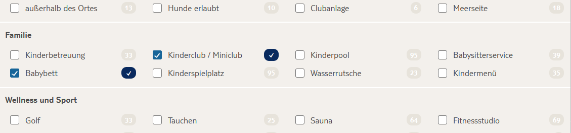 Screenshot einer Filterauswahl für Hotelausstattungen mit Checkboxen. Die Kategorien umfassen „Familie“, „Wellness und Sport“ sowie allgemeine Optionen. In der Kategorie „Familie“ sind unter anderem „Kinderclub / Miniclub“ und „Babybett“ ausgewählt. Neben jeder Option steht in einem grauen Kreis die Anzahl der verfügbaren Hotels mit dieser Ausstattung. Weitere Optionen wie „Kinderbetreuung“, „Kinderpool“, „Sauna“ oder „Fitnessstudio“ sind ebenfalls aufgelistet, aber nicht ausgewählt.