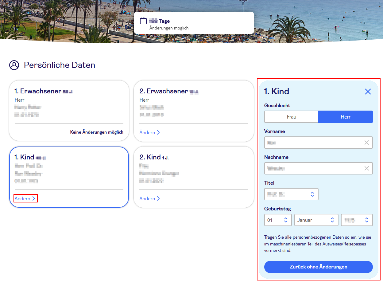 Screenshot aus dem Bereich „Persönliche Daten“ im myTUI-Portal zur Buchungsverwaltung. Es sind vier Abschnitte für Reisende sichtbar: „1. Erwachsener“, „2. Erwachsener“, „1. Kind“ (ausgewählt) und „2. Kind“. Im aktiven Abschnitt „1. Kind“ befinden sich ausfüllbare Felder für Geschlecht (Auswahl zwischen „Frau“ und „Herr“), Vorname, Nachname, Titel und Geburtstag (01. Januar). Es gibt Schaltflächen mit den Beschriftungen „Ändern“ und „Zurück ohne Änderungen“. Ein Hinweistext fordert dazu auf, die Daten gemäß dem maschinenlesbaren Teil des Ausweises oder Reisepasses einzugeben.
