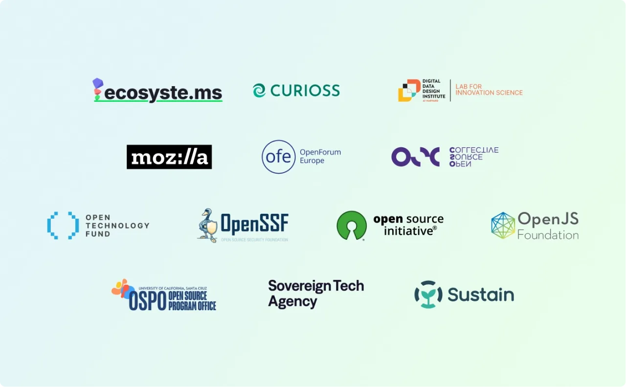 Logos for OpenJS Sovereign Tech Agency Sustain OSS Mozilla Foundation OpenSSF Open Source Collective Ecosyste.ms OTF OSI CURIOSS LISH UCSC Open Forum Europe