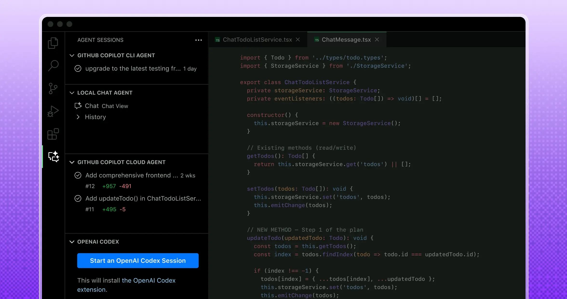 Visual Studio Code showing the Agent Sessions panel alongside a TypeScript file open in the editor.
