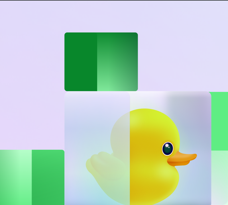Illustration of a yellow rubber duck partially obscured by a frosted glass panel, surrounded by overlapping translucent green and blue geometric blocks on a light purple background.