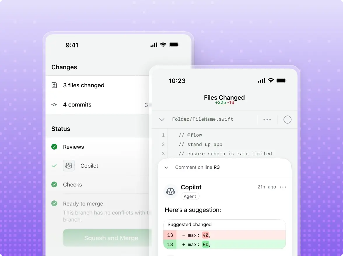 Two phone screens are shown: in the first screen, GitHub Copilot has been assigned as a code reviewer to a PR and completed its review. In the second screen, it displays file changes made by Copilot with comments and suggested changes.