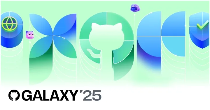 The image is a promotional banner for the "GALAXY '25" virtual event, scheduled for June 4-5, 2025. The background features abstract shapes and icons, including a globe, a cat face, and the GitHub logo. The text at the bottom reads "GALAXY '25".