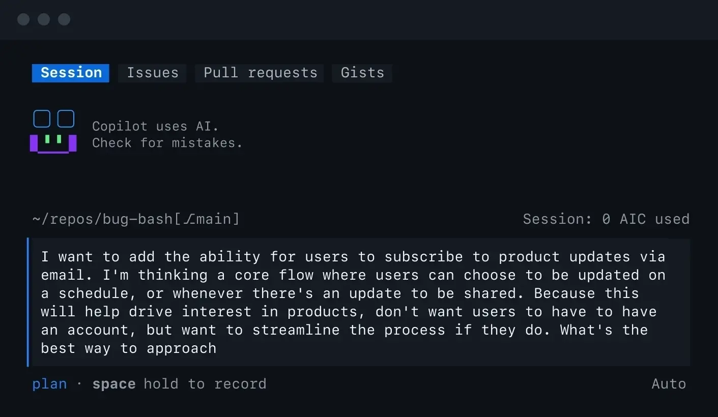 Screenshot of a terminal where an AI assistant displays two assigned GitHub issues: #4 'Implement featured game on landing page' and #3 'Add email subscription feature for game updates.' A command prompt waits for input below.
