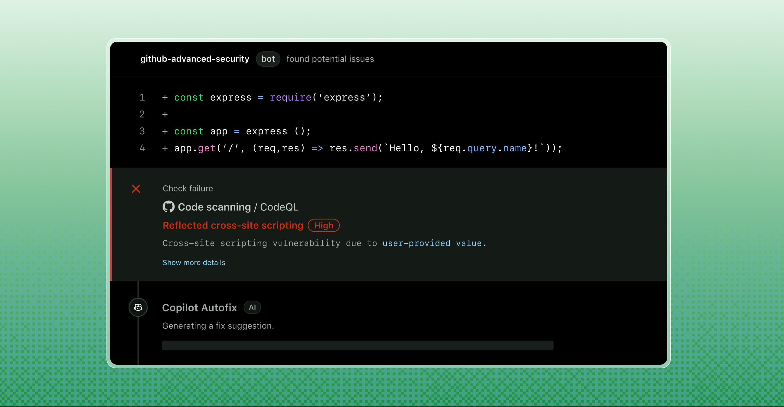 Screenshot displaying a code snippet with an Express.js application setup and a CodeQL scan result indicating a high-severity reflected cross-site scripting vulnerability due to user-provided value. The GitHub Copilot Autofix feature is generating a fix suggestion.