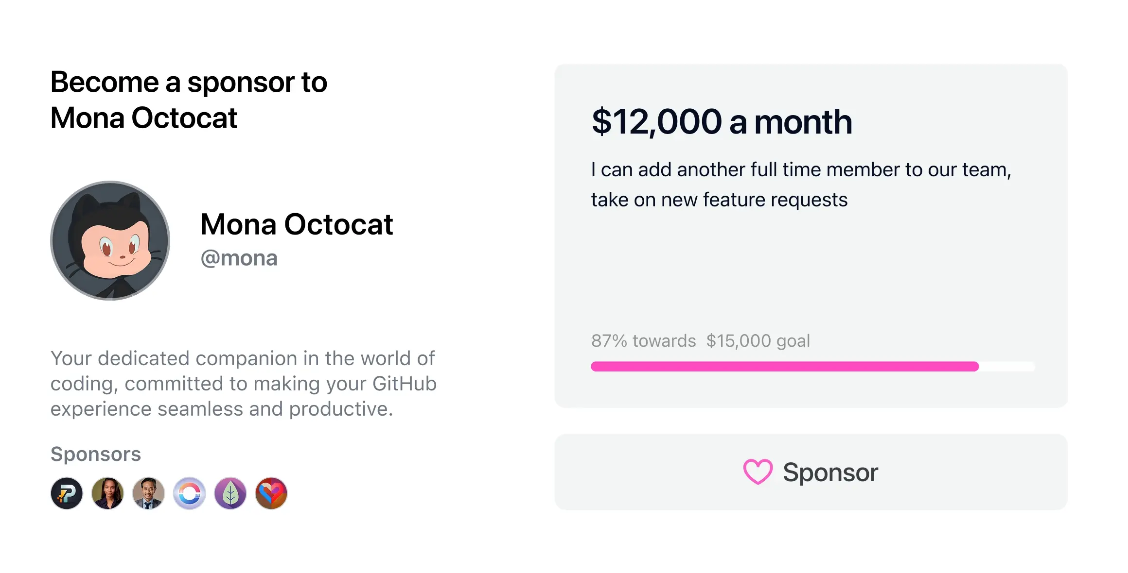 Become a sponsor to Mono Octocat showing $12,000 a month with a button with text "Sponsor"