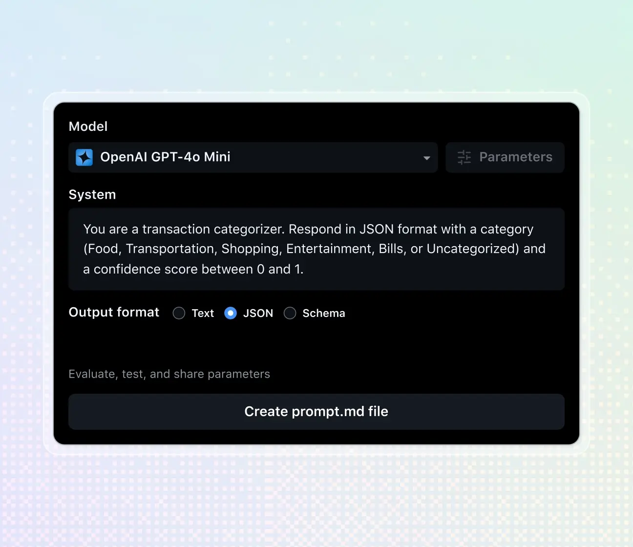 GitHub Models interface displaying a configuration for the 'OpenAI GPT-4o Mini' model. There’s a system prompt and a form field that allows you to select the output format, followed by a button that reads 'Create prompt.md file.'