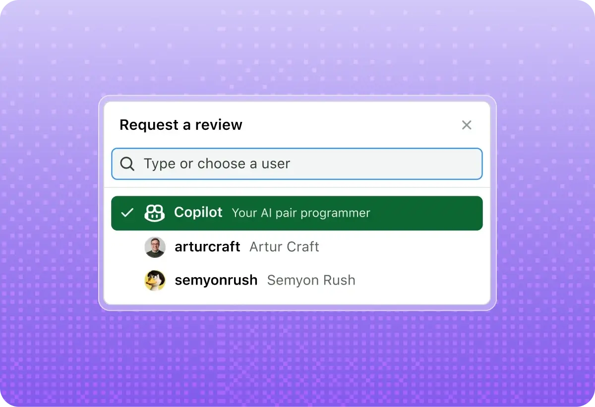 Request-a-review dialog with GitHub Copilot selected as an AI code reviewer.