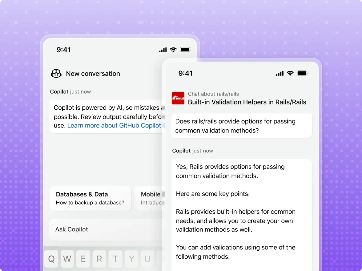 Conversation with GitHub Copilot on a mobile device