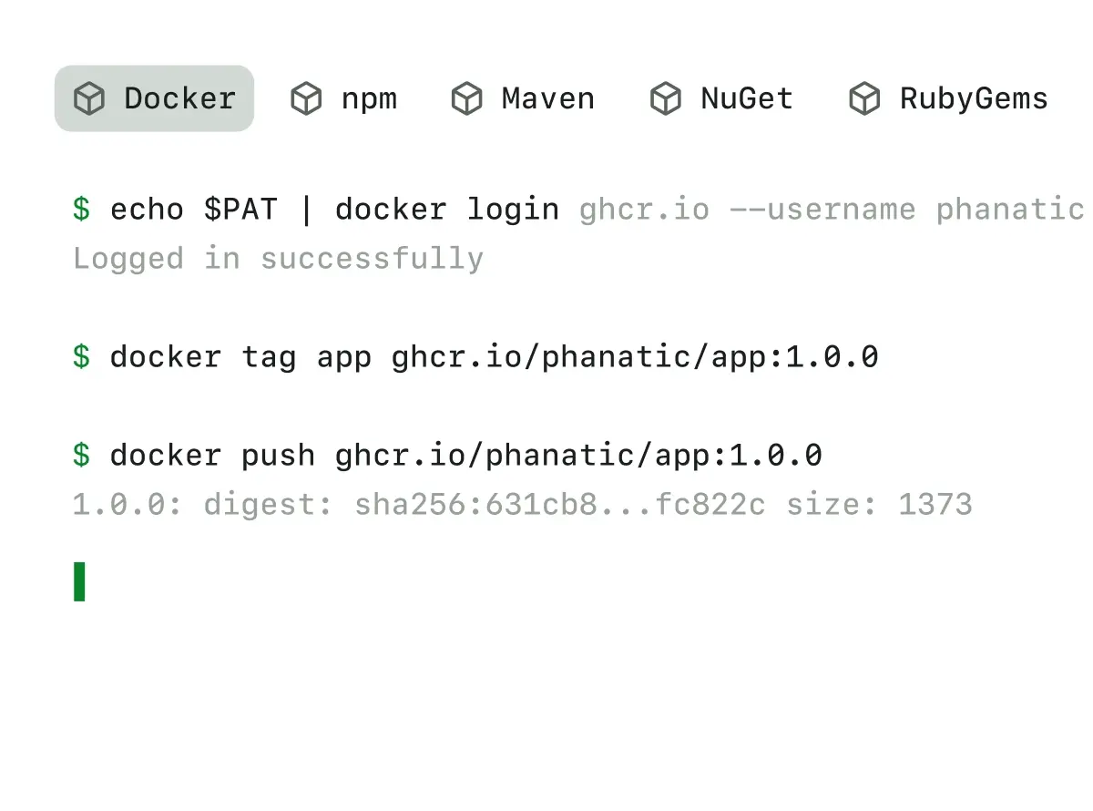 Screenshot of a terminal window showing Docker commands to log in to GitHub's container registry (ghcr.io), tag an application image, and push the image version (1.0.0) to the repository, with a successful login and digest confirmation. The background features a gradient from green to teal.